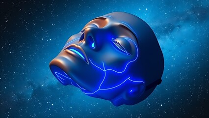 A surreal floating mask with glowing blue veins against a cosmic backdrop, symbolizing sleep apnea's silent epidemic.