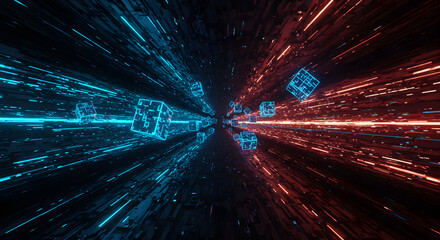 Digital Acceleration: Abstract Blue & Red Data Stream Tunnel