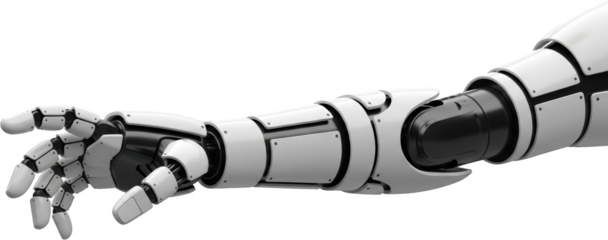 Detailed robotic arm extending with metallic segments and articulated fingers isolate Robot arm transparent background