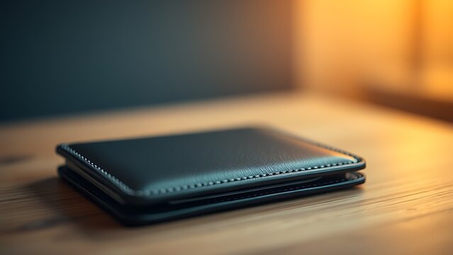 A sleek wallet lies on a wooden surface, highlighted by warm ambient lighting in a minimalist setting.