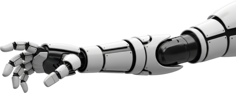 Detailed robotic arm extending with metallic segments and articulated fingers isolate Robot arm transparent background