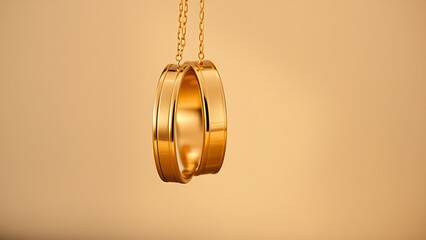 Three golden wedding bands hanging vertically with soft light highlighting their shine.