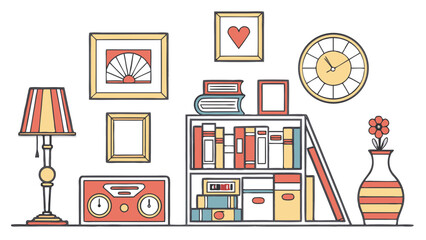 Cozy Home Decor Collection: Bookshelf, Lamp, Clock, and Wall Art - Minimalist Flat Line Illustration