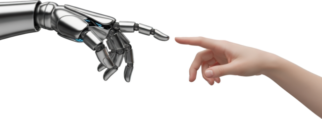 Robotic hand touching a human finger symbolizing connection between artificial intelligence and humanity transparent background
