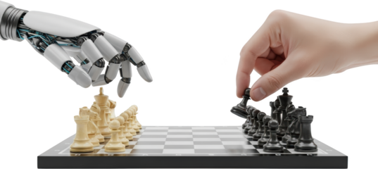 Robot hand and human hand playing chess on a board AI versus human competition isolate artificial intelligence