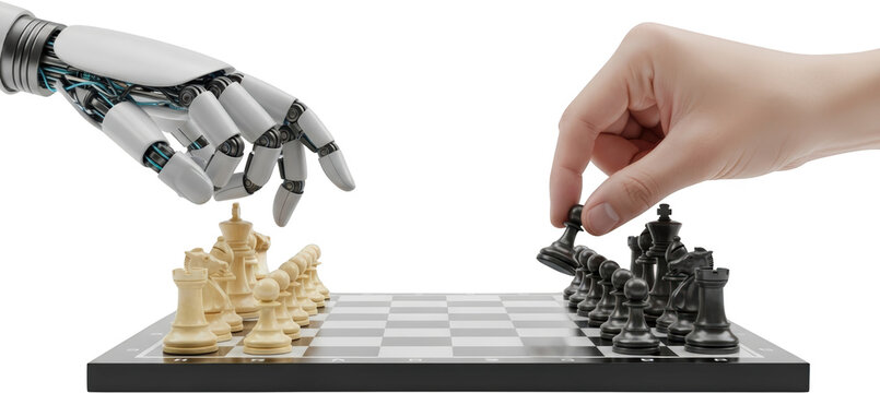 Robot hand and human hand playing chess on a board AI versus human competition isolate artificial intelligence