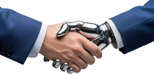 Human hand shaking a shiny metallic robotic hand symbolizing future business collaboration transparent background