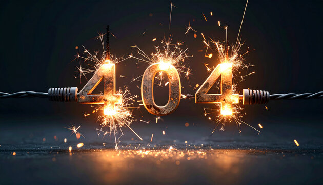 404 error formed by severed wires with glowing sparks, symbolizing digital failure, broken connections, and a system overload on dark background.