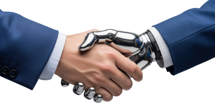 Human hand shaking a shiny metallic robotic hand symbolizing future business collaboration transparent background - Powered by Adobe