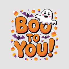 Boo to you poster with ghost, purple bats, orange candy, Halloween fun, printable sticker, festive illustration
