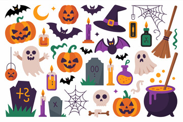 Halloween vector set with witch hat, jack o lantern, ghost, potion bottles, cauldron, tombstone, spider web, broom