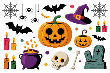Halloween icon set with pumpkin, witch hat, cauldron, potion bottles, skull, gravestone, broom, spider web, bat
