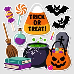 Trick or treat sticker set with cauldron, pumpkin pail, broom, spell book, lollipop, bat, witch hat, candy