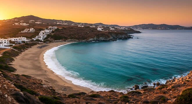 Exploring Scenic view of Paralia Platis Gialos beach in Mykonos during autumn with waves and sunset.