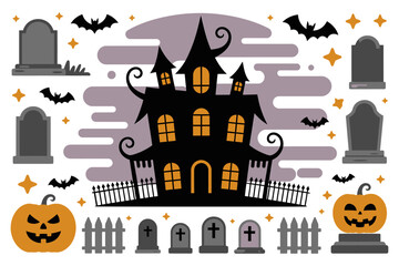 Haunted house and graveyard scene with pumpkins, bats, spooky trees, Halloween night, printable vector set