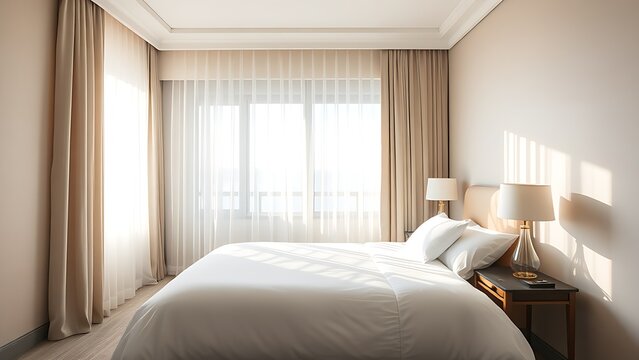 A serene hotel room bathed in morning light, with neatly made bed and sheer curtains.