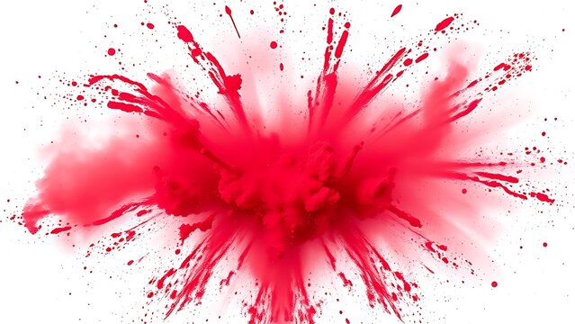 Vibrant red Holi powder explosion captured dynamically against a white background.