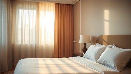 Elegant hotel bedroom with morning sunlight streaming through curtains, creating a serene and inviting atmosphere.