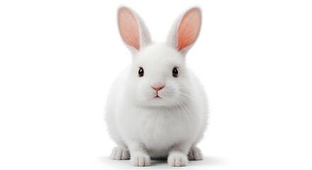 Obraz premium Adorable Fluffy White Bunny Rabbit Sitting Still on a Clean White Background, Capturing a Cute Animal Portrait
