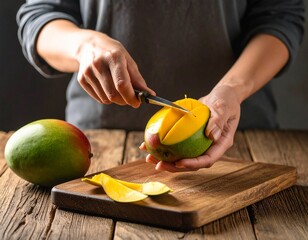  "Epic food photography scene of a mango being peeled, sumptuous food colors, immersive and unique viewpoint, incredibly detailed, full HD."