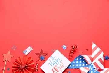 Greeting card for Independence Day with paper decor, stars and confetti in colors of USA flag on...