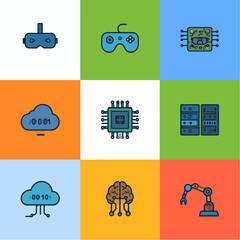 A set of nine different technology-related icons displayed in a grid pattern; the icons relate to gaming, virtual reality, cloud computing, and artificial intelligence.