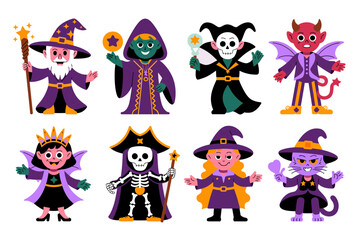 Halloween costume collection with princess, vampire, skeleton, witch, devil, playful character set, vector art
