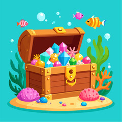 Cartoon treasure chest overflowing with gems and gold coins, surrounded by colorful fish, coral, seaweed, and bubbles in a vibrant underwater scene.