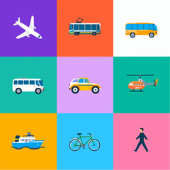 A vibrant and diverse collection of colorful transportation icons, including planes, buses, boats, and bicycles, presented in a minimalist flat design style against bright backgrounds.