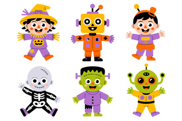 Halloween kids costume duo with witch, skeleton, robot, pumpkin, frankenstein, playful character set, vector art
