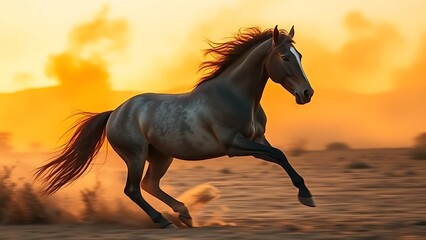 Majestic horse running through golden desert dust under a warm sunset, capturing dynamic motion.