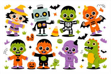 Obraz premium Cute Halloween monster set with robot, skeleton, pumpkin, bat, witch, frankenstein, playful character collection