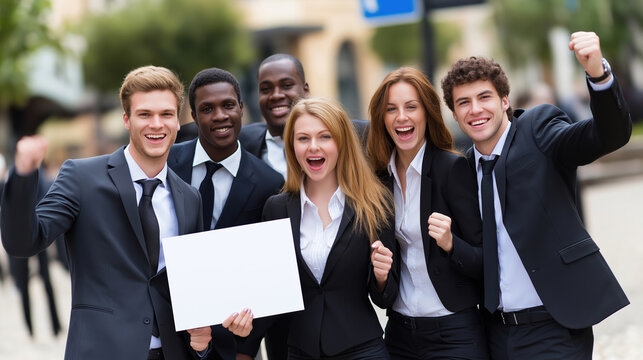 Group of young professionals celebrating success in urban setting with signs