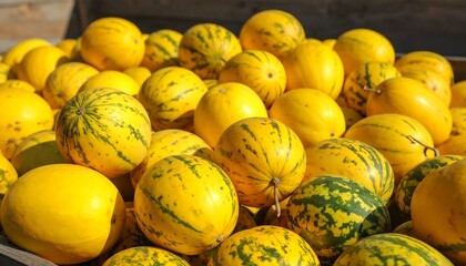 Pile of vibrant yellow and green striped melons, a sweet harvest display under warm sunlight