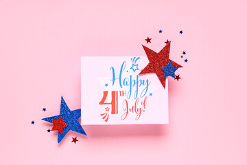 Greeting card for Independence Day with paper stars in colors of USA flag on pink background