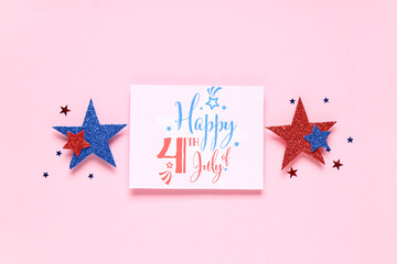 Greeting card for Independence Day with paper stars in colors of USA flag on pink background