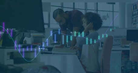 Colleague pointing at screen sparking woman entering data using financial chart overlay for report - Powered by Adobe