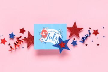 Greeting card for Independence Day with paper stars and confetti in colors of USA flag on pink...