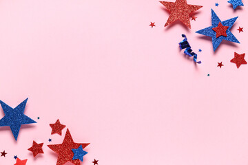 Paper stars with confetti in colors of USA flag for Independence Day on pink background