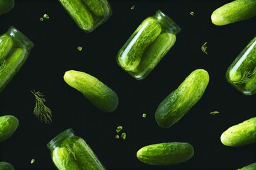 Seamless pattern of green fresh and pickled cucumbers in glass jars with dill and spices on black dark background. Food pattern.