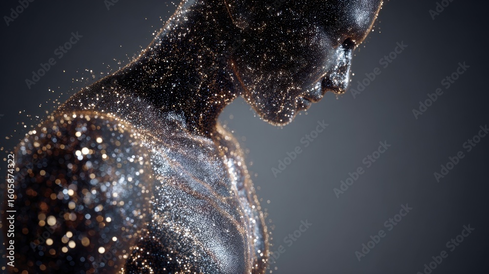 Wall mural side profile of a human figure with skin sparkling from microscopic toxin particles while soft gray 