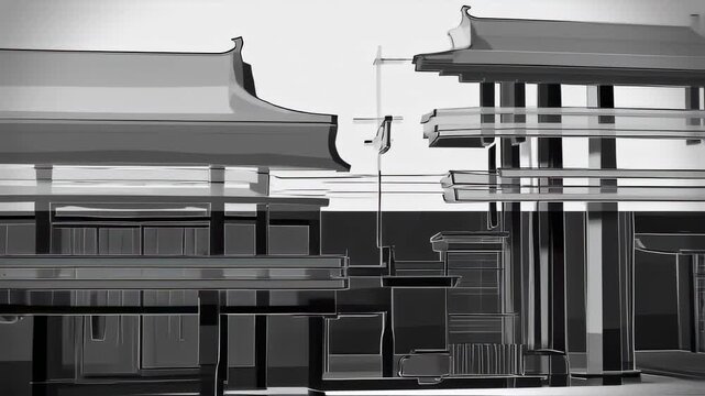 Stylized Monochrome Depiction of Ancient Architecture with Detailed Line Work