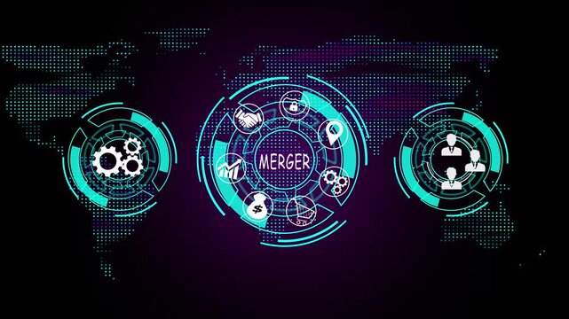  Digital merger interface with futuristic HUD animation. Global business payment system and financial technology dashboard. Blockchain wallet visualization for secure digital transactions. Virtual wal