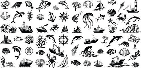 Seamless black and white floral pattern with a set of flower silhouettes, perfect for vintage tattoo designs or decorative elements