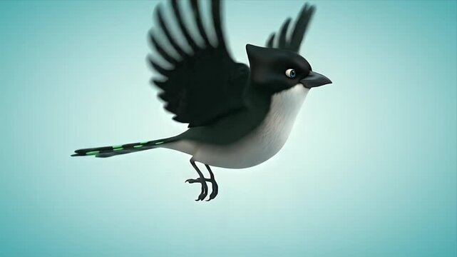 Animated Green and Black Bird Flying on Pale Blue Seamless Loop