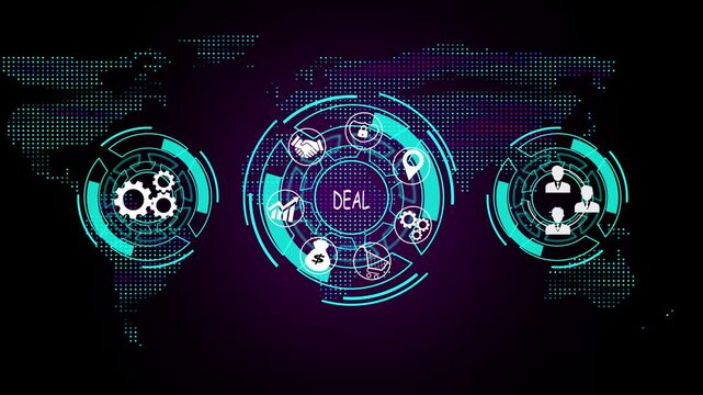  Digital deal interface with futuristic HUD animation. Global business payment system and financial technology dashboard. Blockchain wallet visualization for secure digital transactions. Virtual wal