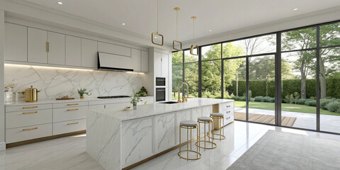 Modern minimalistic kitchen with white marble countertops, gold fixtures, and large windows showing a garden view, high-definition interior rendering
