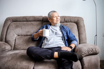 Happy Senior Man Holding Coffee Cup Relaxing On Couch At Home.