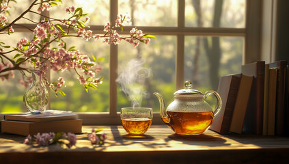 A quiet spring morning scene, with soft sunlight streaming through the open windows, illuminating the cozy interior of blooming flowers and fresh air.