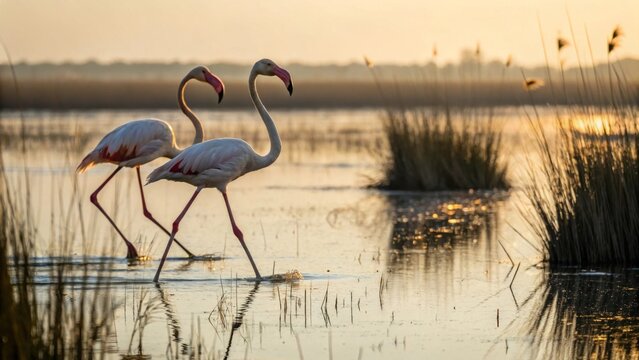 Stunning Flamingos Walking Gracefully in Calm Wetland at Sunset - Powered by Adobe